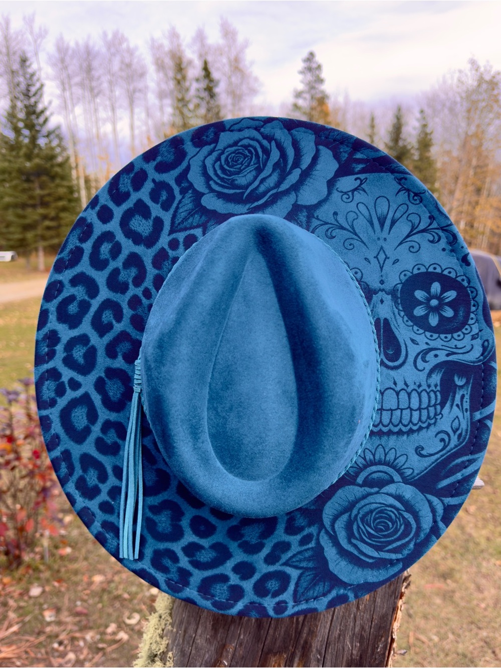 Turquoise cheetah sugar skull hat